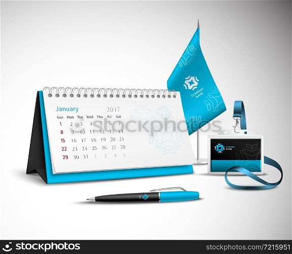 Calendar pen flag and badge corporate identity mockup set of blue color for your design on light background realistic vector illustration. Calendar Corporate Identity Mockup Set