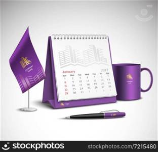 Calendar pen flag and cup corporate identity mockup set of purple color for your design on light background realistic vector illustration. Calendar Corporate Identity Mockup Set