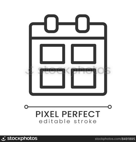 Calendar pixel perfect linear icon. Personal timetable. Appointments schedule. Business meeting date. Thin line illustration. Contour symbol. Vector outline drawing. Editable stroke. Poppins font used. Calendar pixel perfect linear icon