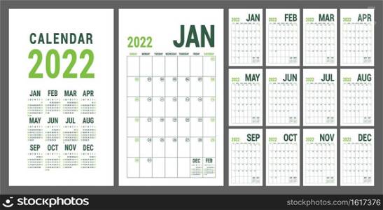Calendar planner 2022. English calender green template. Vector grid. Office business planning. Creative trendy design