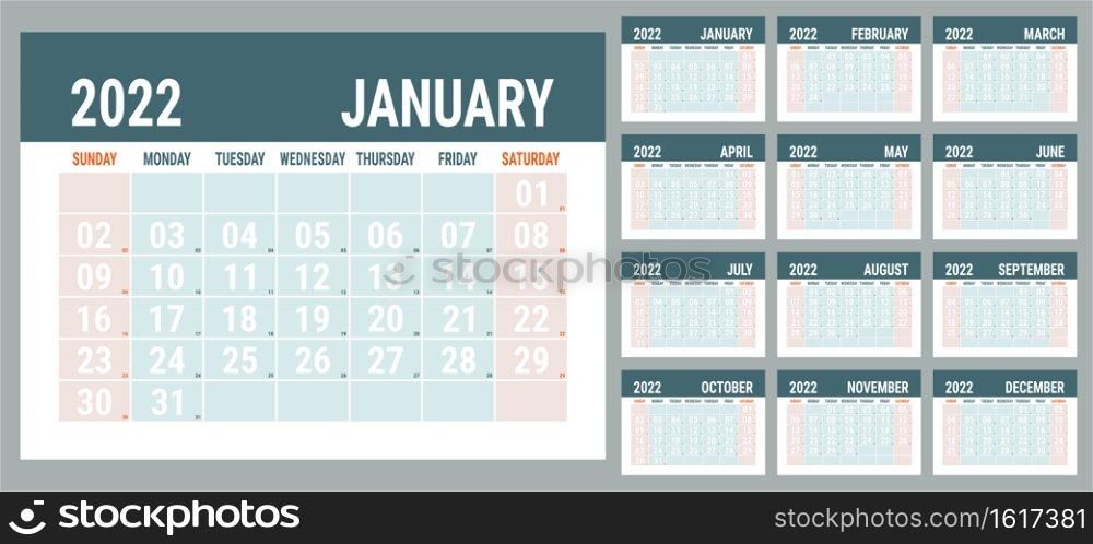 Calendar planner 2022 year. English template. Vector horizontal grid. Landscape orientation. Office business planning. Creative design. Red and grey color