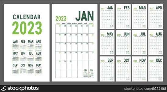 Calendar planner 2023. English calender green template. Vector grid. Office business planning. Creative trendy design