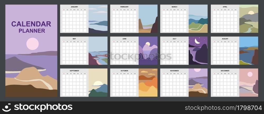 Calendar Planner abstract minimalist contemporary landscape natural backgrounds. Monthly template for diary business. Week Starts Sunday. Vector isolated illustration. Calendar Planner abstract minimalist contemporary landscape natural backgrounds. Monthly template for diary business. Week Starts Sunday. Vector isolated