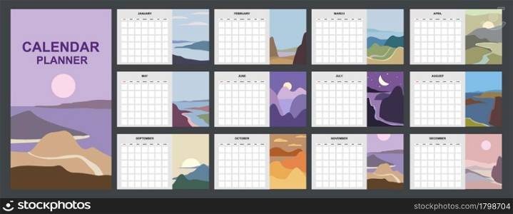 Calendar Planner abstract minimalist contemporary landscape natural backgrounds. Monthly template for diary business. Week Starts Sunday. Vector isolated illustration. Calendar Planner abstract minimalist contemporary landscape natural backgrounds. Monthly template for diary business. Week Starts Sunday. Vector isolated