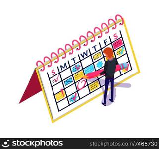 Calendar planner and man creating appointment event vector. Worker organizing workplace by scheduling business meeting. Person with weekly timetable. Calendar Planner and Man Creating Appointment