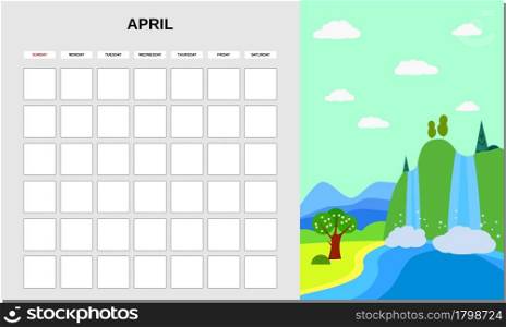 Calendar Planner April month. Minimalistic landscape natural backgrounds Spring. Monthly template for diary business. Vector isolated illustration. Calendar Planner April month. Minimalistic landscape natural backgrounds Spring. Monthly template for diary business. Vector isolated