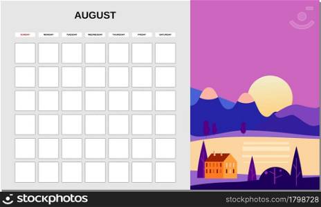 Calendar Planner August month. Minimalistic landscape natural backgrounds Summer. Monthly template for diary business. Vector isolated illustration. Calendar Planner August month. Minimalistic landscape natural backgrounds Summer. Monthly template for diary business. Vector isolated