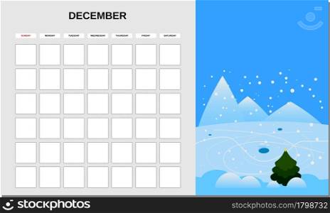 Calendar Planner December month. Minimalistic landscape natural backgrounds Winter. Monthly template for diary business. Vector isolated illustration. Calendar Planner December month. Minimalistic landscape natural backgrounds Winter. Monthly template for diary business. Vector isolated