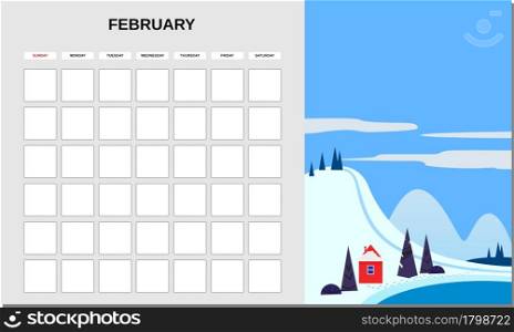 Calendar Planner February month. Minimalistic landscape natural backgrounds Winter. Monthly template for diary business. Vector isolated illustration. Calendar Planner February month. Minimalistic landscape natural backgrounds Winter. Monthly template for diary business. Vector isolated