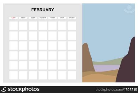 Calendar Planner February winter month. Minimal abstract contemporary landscape natural background. Monthly template for diary business. Vector isolated illustration. Calendar Planner February winter month. Minimal abstract contemporary landscape natural background. Monthly template for diary business. Vector isolated