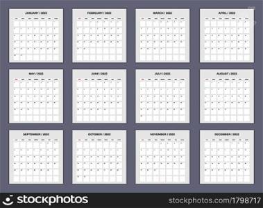 Calendar Planner for 2022, set 12 month. Monthly template for diary business. Week Starts Sunday. Vector isolated. Calendar Planner for 2022, set 12 month. Monthly template for diary business. Week Starts Sunday, vector