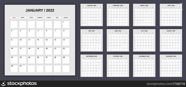 Calendar Planner for 2022, set 12 month. Monthly template for diary business. Week Starts Sunday. Vector isolated. Calendar Planner for 2022, set 12 month. Monthly template for diary business. Week Starts Sunday, vector