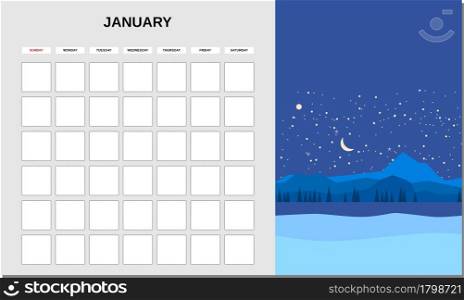Calendar Planner January month. Minimalistic landscape natural backgrounds Winter. Monthly template for diary business. Vector isolated illustration. Calendar Planner January month. Minimalistic landscape natural backgrounds Winter. Monthly template for diary business. Vector isolated
