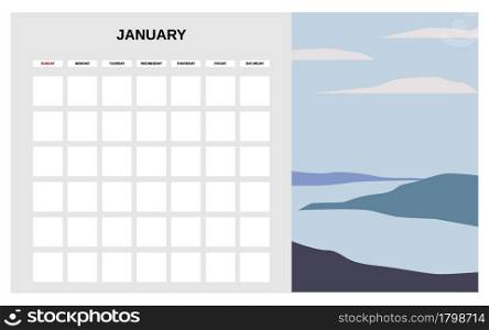 Calendar Planner January winter month. Minimal abstract contemporary landscape natural background. Monthly template for diary business. Vector isolated illustration. Calendar Planner January winter month. Minimal abstract contemporary landscape natural background. Monthly template for diary business. Vector isolated