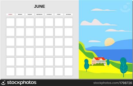 Calendar Planner June month. Minimalistic landscape natural backgrounds Summer. Monthly template for diary business. Vector isolated illustration. Calendar Planner June month. Minimalistic landscape natural backgrounds Summer. Monthly template for diary business. Vector isolated