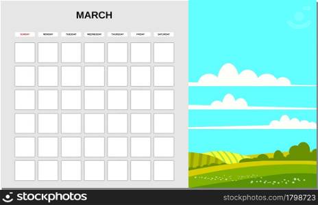 Calendar Planner March month. Minimalistic landscape natural backgrounds Spring. Monthly template for diary business. Vector isolated illustration. Calendar Planner March month. Minimalistic landscape natural backgrounds Spring. Monthly template for diary business. Vector isolated