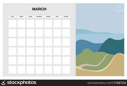 Calendar Planner March spring month. Minimal abstract contemporary landscape natural background. Monthly template for diary business. Vector isolated illustration. Calendar Planner March spring month. Minimal abstract contemporary landscape natural background. Monthly template for diary business. Vector isolated