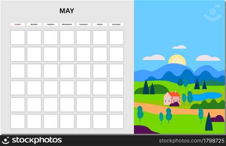 Calendar Planner May month. Minimalistic landscape natural backgrounds Spring. Monthly template for diary business. Vector isolated illustration. Calendar Planner May month. Minimalistic landscape natural backgrounds Spring. Monthly template for diary business. Vector isolated