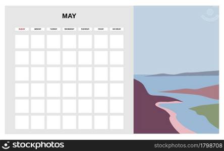 Calendar Planner May spring month. Minimal abstract contemporary landscape natural background. Monthly template for diary business. Vector isolated illustration. Calendar Planner May spring month. Minimal abstract contemporary landscape natural background. Monthly template for diary business. Vector isolated
