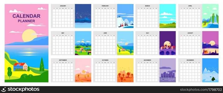 Calendar Planner minimalistic landscape natural backgrounds of four seasons template. Winter, Spring, Summer, Autumn. Monthly for diary business. Week Starts Sunday. Vector flat style isolated illustration. Calendar Planner minimalistic landscape natural backgrounds of four seasons template. Winter, Spring, Summer, Autumn. Monthly for diary business. Week Starts Sunday. Vector flat style isolated