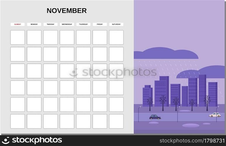 Calendar Planner November month. Minimalistic landscape natural backgrounds Autumn. Monthly template for diary business. Vector isolatedillustration. Calendar Planner November month. Minimalistic landscape natural backgrounds Autumn. Monthly template for diary business. Vector isolated