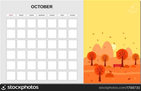 Calendar Planner October month. Minimalistic landscape natural backgrounds Autumn. Monthly template for diary business. Vector isolatedillustration. Calendar Planner October month. Minimalistic landscape natural backgrounds Autumn. Monthly template for diary business. Vector isolated