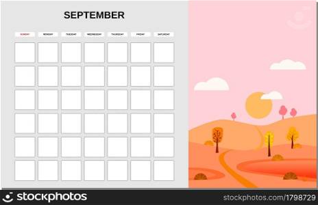 Calendar Planner September month. Minimalistic landscape natural backgrounds Autumn. Monthly template for diary business. Vector isolated illustration. Calendar Planner September month. Minimalistic landscape natural backgrounds Autumn. Monthly template for diary business. Vector isolated