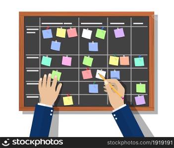 Calendar schedule board with collaboration plan, stickers. Business man planning, scheduling work. People make timeline. Daily routine. Vector illustration in flat style. Calendar schedule board with collaboration plan,