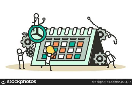 Calendar schedule week vector concept illustration. Student appointment employee agenda man and woman. Business plan with clock,pencil. Date time meeting day. Coworker banner office teamwork assign