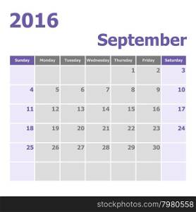 Calendar September 2016 week starts from Sunday, stock vector
