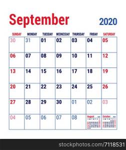 Calendar September 2020. English calender template. Vector grid. Office business planning. Simple design
