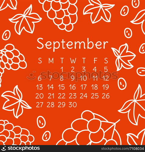 Calendar September 2020. Vector English wall calender template. Fruits, berries. Grapes. Hand drawn design. Doodle sketch. Sunday