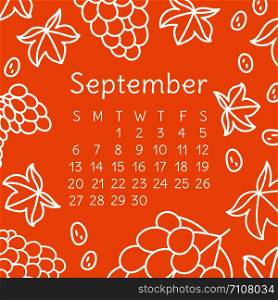 Calendar September 2020. Vector English wall calender template. Fruits, berries. Grapes. Hand drawn design. Doodle sketch. Sunday