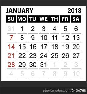 calendar sheet January 2018, simple style. Week starts from sunday of the red color, vector easy to edit