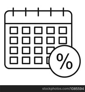 Calendar tax percent icon. Outline calendar tax percent vector icon for web design isolated on white background. Calendar tax percent icon, outline style