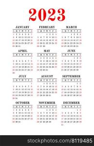 Calendar template 2023. English pocket calender.. Calendar template 2023. English pocket calender
