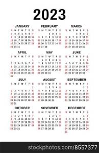 Calendar template 2023. English simple vector vertical wall or pocket calender.