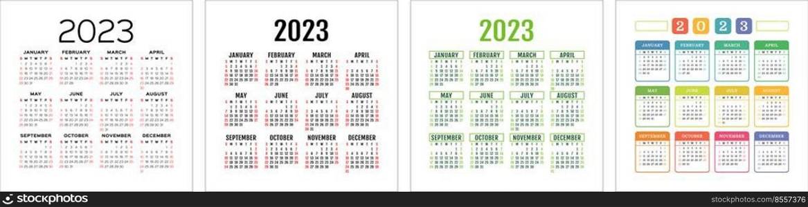 Calendar template 2023 set. Color english square calender collection.