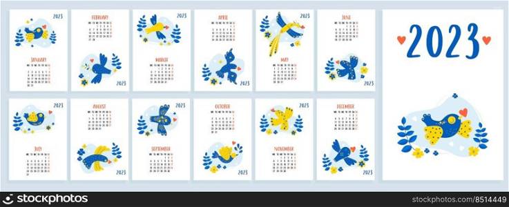 Calendar template for 2023 with decorative yellow-blue birds of happiness with hearts and flowers. Vertical set of 12 pages and cover in English. Vector illustration. Week from Monday. Stationery