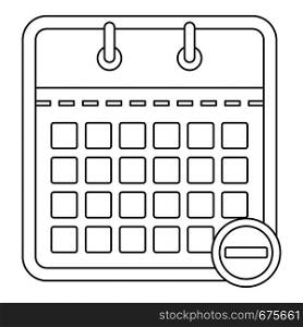 Calendar with minus icon. Outline illustration of calendar with minus vector icon for web. Calendar with minus icon, outline style.