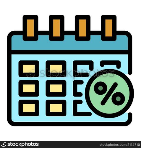 Calendar with percent icon. Outline calendar with percent vector icon color flat isolated. Calendar with percent icon color outline vector
