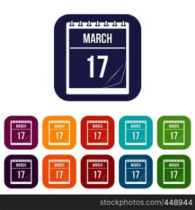Calendar with the date of March 17 icons set vector illustration in flat style In colors red, blue, green and other. Calendar with date of March 17 icons set flat
