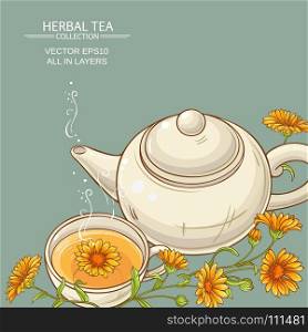 calendula tea vector background. cup of calendula tea and teapot vector background