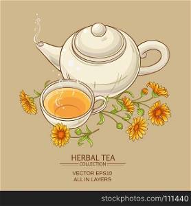 calendula tea vector illustration. cup of calendula tea and teapot vector background