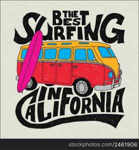 California Best Surfer Poster with bus and board on effective background vector illustration