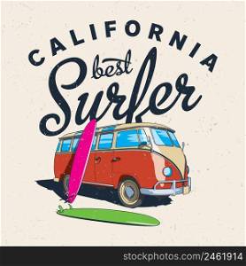 California Best Surfer Poster with bus and board on effective background vector illustration
