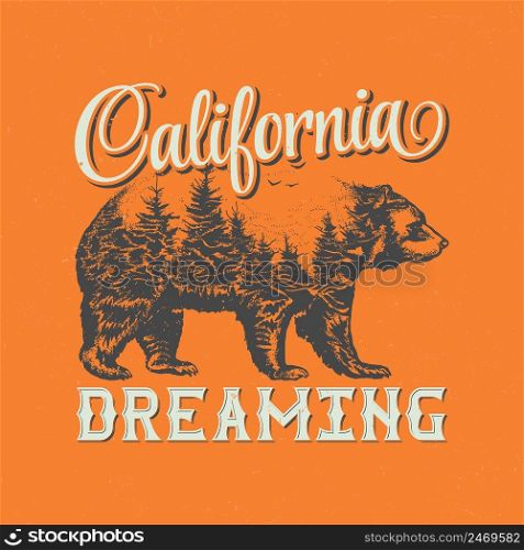 California dreaming t-shirt label design with illustration of bear silhouette. Hand drawn double exposure illustration.. California dreaming t-shirt label design with illustration of bear silhouette.