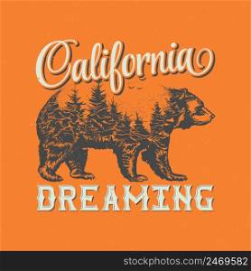 California dreaming t-shirt label design with illustration of bear silhouette. Hand drawn double exposure illustration.. California dreaming t-shirt label design with illustration of bear silhouette.