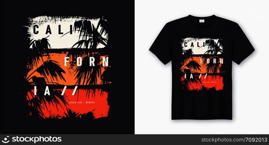 California Ocean side stylish t-shirt and apparel trendy design with palm trees silhouettes, typography, print, vector illustration. Global swatches.