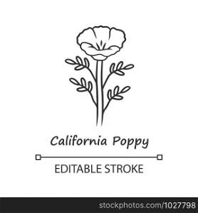 California poppy linear icon. Papaver rhoeas with name. Corn rose blooming wildflower. Herbaceous plants. Field poppy. Thin line illustration. Vector isolated outline drawing. Editable stroke